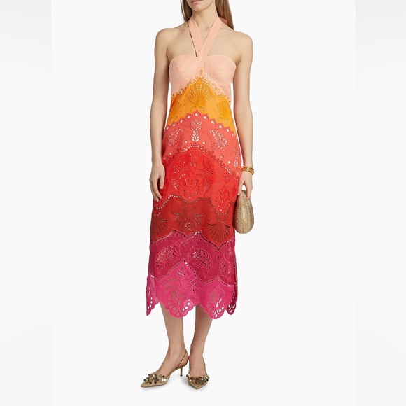 Farm Rio Summer Gradient Richelieu Ombre Midi Dress Orange Size S Small - Picture 3 of 7